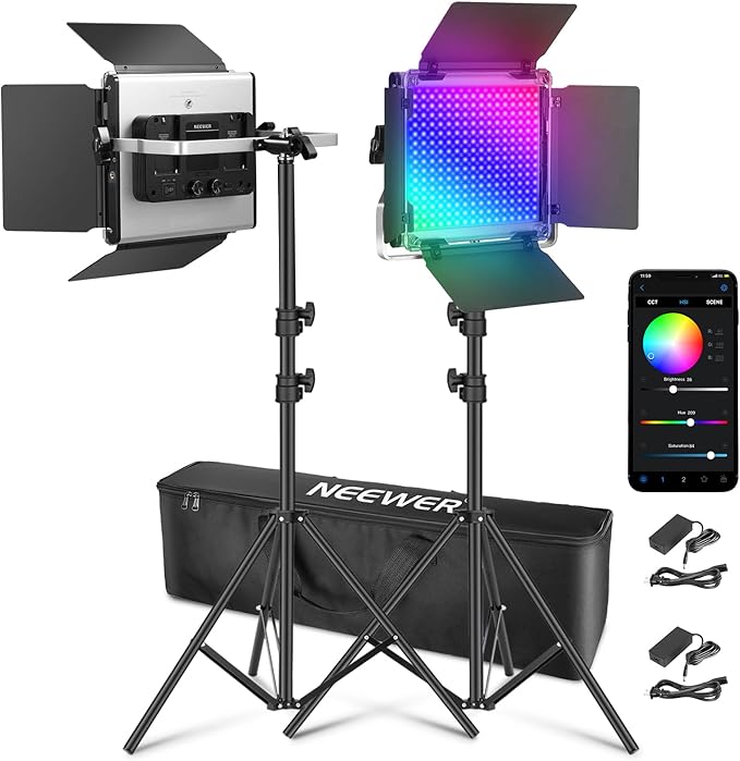NEEWER Upgraded 660 PRO II RGB LED Video Light with App Control&Stand Kit, 2 Pack Constant 50W No Color Shift/1% Precise Min Dimming/360° RGB/CRI97+/3200K~5600K for Game Streaming YouTube Photography | 2 Pack Kit, 50W, 1% Min Dimming, CRI97+, 3200K-5600K,