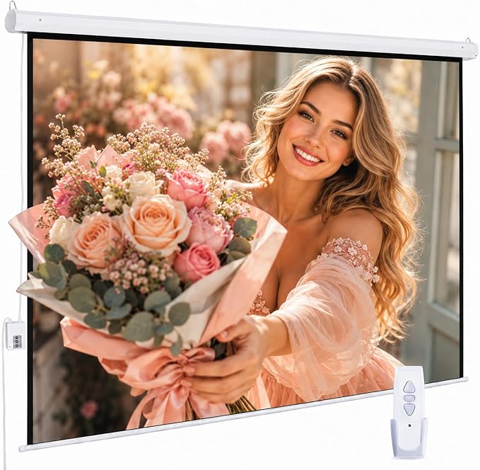 120" Motorized Projector Screen, Electric 16:9 Projector Screen with Remote Control, Indoor/Outdoor HD Movie Screen, Wall/Ceiling Mounted, Perfect for Home Office Theater TV, White