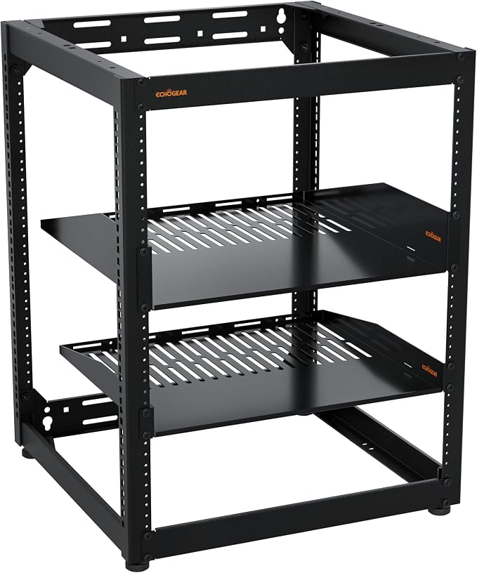 ECHOGEAR 15U Open Frame Rack w/Optimal Air Flow, DIY Assembly, 20.4” Depth | Wall mountable enclosure includes 2x vented shelves, 25x mount screws, 4x leveling feet, 4x shelf stops, 2x securement stops