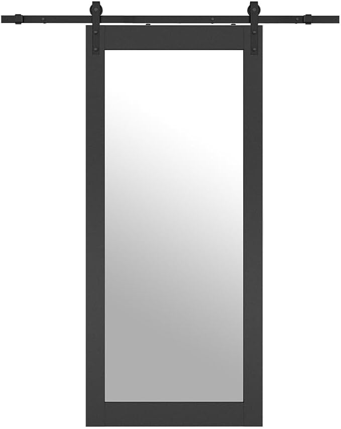 36 in. x 84 in. Mirrored Glass Black MDF Interior Sliding Barn Door with Hardware Kit and Door Handle