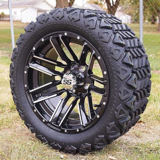 14 Inch Golf Cart Tire And Wheel Combo 23x10-14 Wanda DOT All Terrain Tires & 14"x7" Moto Machined Aluminum Wheels With 16X Chrome Lug Nuts & 4X Chrome Center Caps