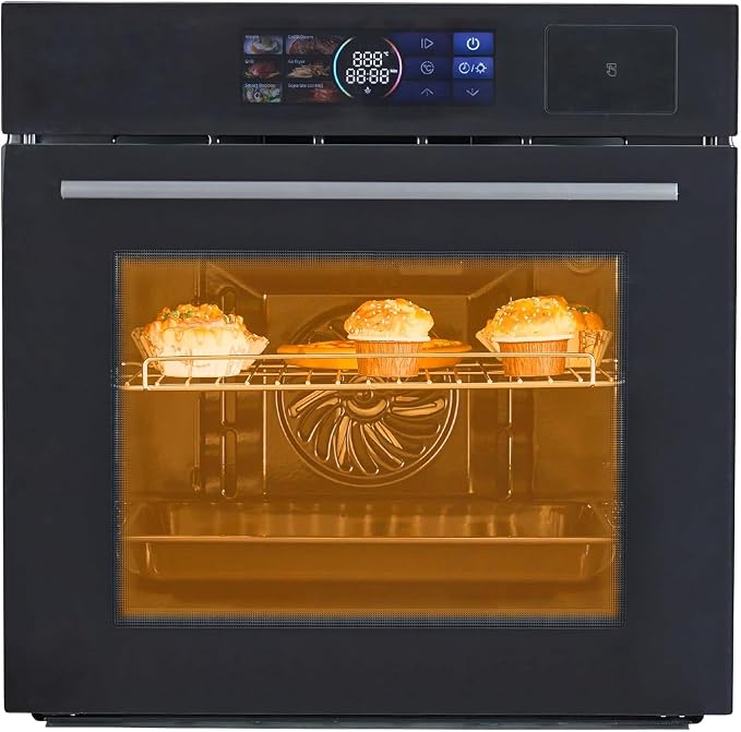 24" Single Wall Oven: Stainless Steel, Black, ETL Certified, 70L Built-In Electric, 3000W Power, 8 Cooking Functions & 108 Automatic Recipes, Led Touch Control