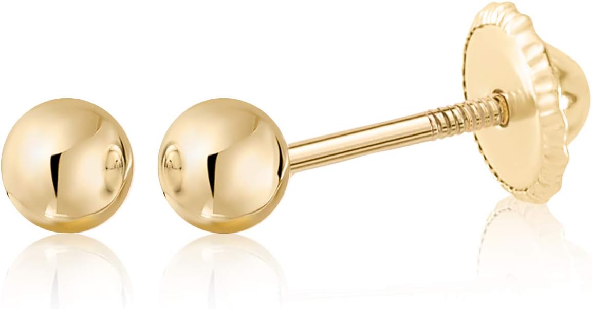 Gold Ball Stud Earrings for Women and Girls Screwback | 10k, 14k, 18k | White Yellow or Rose Gold | 3mm 4mm 5mm | Nickel Free