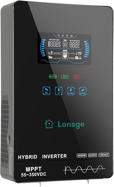 4000W Hybrid Solar Inverter, DC 24V to AC 120V Pure Sine Wave Inverter with Glass Top Cover LCD Display, Built-in 140A MPPT Solar Charger, Supports Battery-Less or AGM Lithium Battery