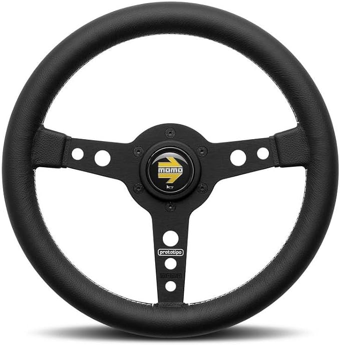 MOMO Motorsport Prototipo Street Steering Wheel,Black Leather Grip,Brushed Black Anodized Spoke,White Stitch,370mm - PRO37BK2B