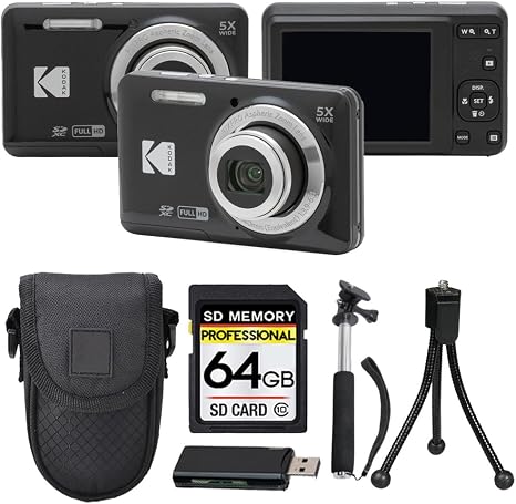 Kodak PIXPRO FZ55 Digital Camera, 16MP Compact Point & Shoot, 5X Optical Zoom, 28mm Wide Angle Lens, 1080P HD Video, Black + 64GB SD Card, Case, Selfie Stick, Mini Tripod & USB Card Reader