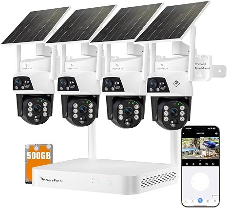 Solar Dual-Lens 4‑Pack Wireless Outdoor Security Camera System | 2.4/5GHz WiFi‑6, AI Tracking, 360° PTZ, Color Night Vision, IP66, 10CH 4K NVR 500GB HDD, No Monthly Fee for Home Surveillance
