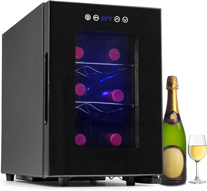 Wine Fridge, Digital Temperature Control White & Red Wine 6 Bottle Wine Cooler with Wine Rack, Champagne Wine Cooler Refrigerator for Bar, Home, Kitchen, Gift - Black