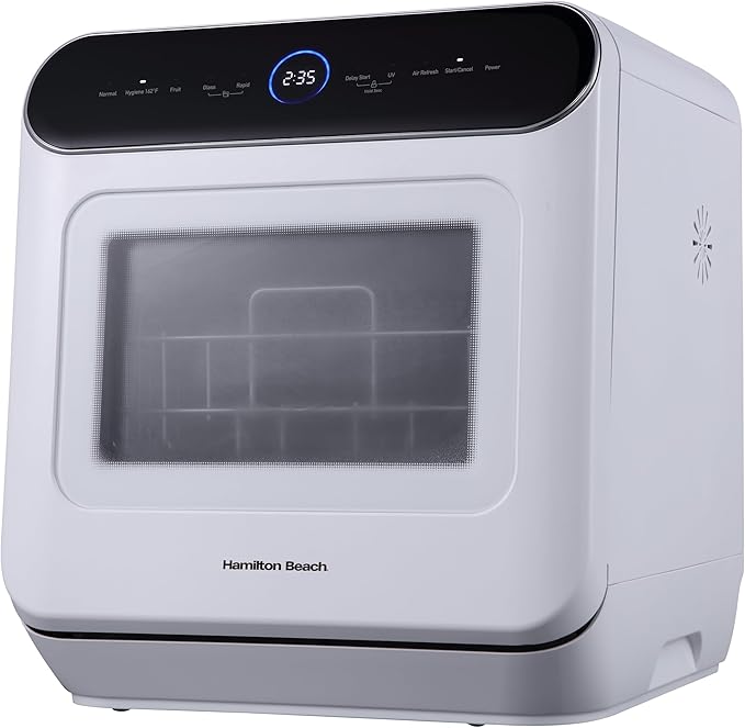 Hamilton Beach Portable Countertop Dishwasher No Hookup Unit with 6-Liter Water Bank for Tabletop, Apartment, or RV, Compact Dishwashing and Drying Machine, Delay Timer, Rapid Cleaning