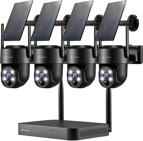 Kittyhok Solar Wireless Security Camera System, 2K Security Camera Outdoor | 4pcs, 5G/2.4G WiFi, 360° Pan/Tilt, Human Detection, Color Night Vision, 10CH WiFi-6 NVR, 60 Days Local Storage, Black