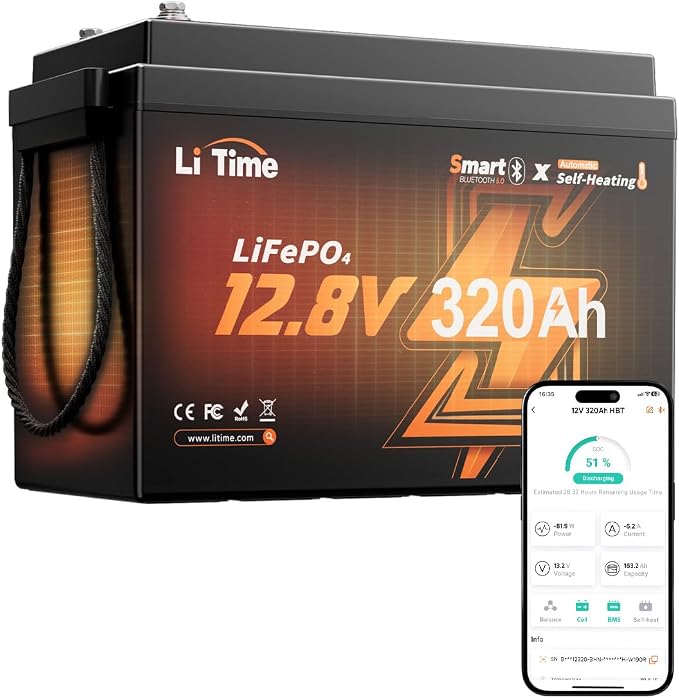 LiTime 12V 320Ah Mini Self-Heating LiFePO4 Battery for RV Solar Marine