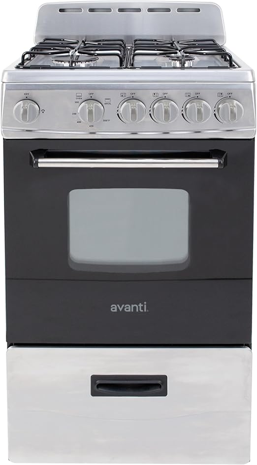 Avanti Compact Gas Range Oven, 4 Sealed Burners, 20-Inch, Stainless Steel