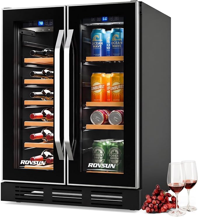 ROVSUN Dual Zone Wine and Beverage Refrigerator, 34 Bottle Wine Fridge with 2 Glass Door & Digital Temperature Control, Built-in/Freestanding/Under Counter Wine Cooler Chiller for Wine Champagne Beer