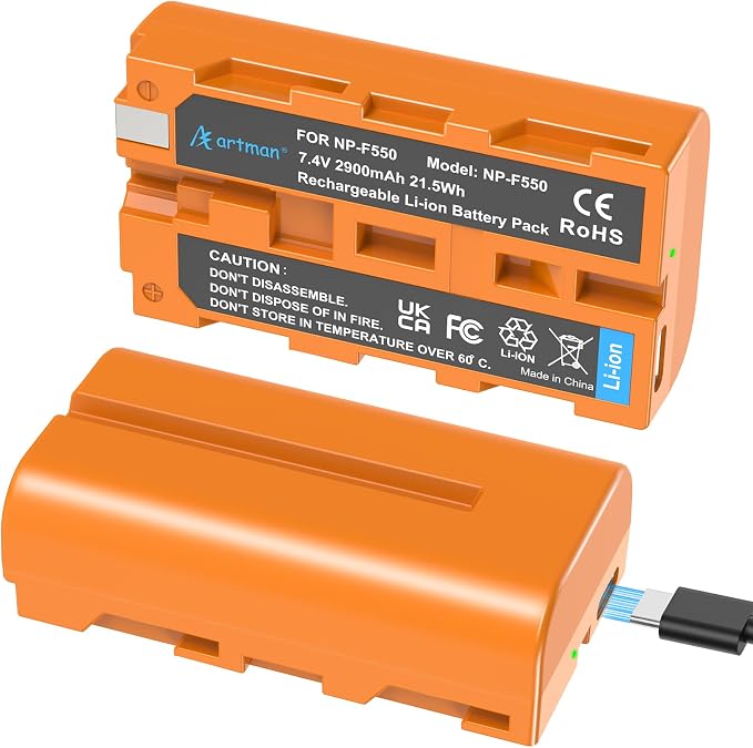 Artman 2-Pack NP-F550 USB-C Battery 2900mAh for Sony NPF Series (Orange)