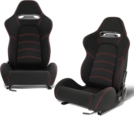 DNA MOTORING 2PCS Racing Bucket Seats with Adjustable Backrest, Single Adjuster and Rail, Compatible with 4 Point Harness, Woven Fabric, Black/Red, RS-JBR-005-BK-RD