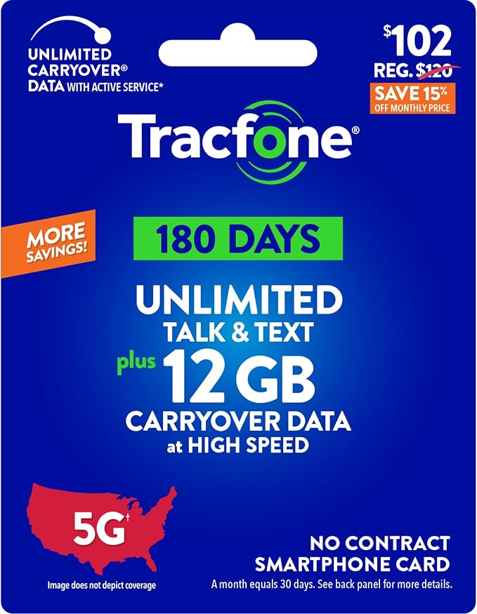 Tracfone $102 Unlimited Talk & Text Plus 12 GB of Data 180-Day Prepaid Plan(Physical Delivery)