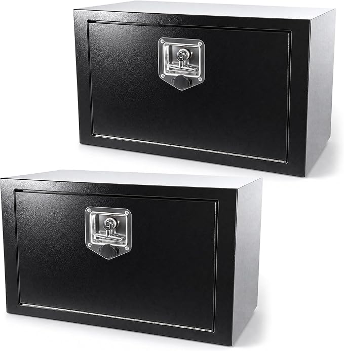 24 Inch Underbody Tool Boxes for Truck 2 Pack, 24 x 12 x 14 Inch Steel Under Body Storage Box with T-Handle Latch, Waterproof Heavy Duty Toolbox for Pickup Truck RV, Black (Pack of 2)