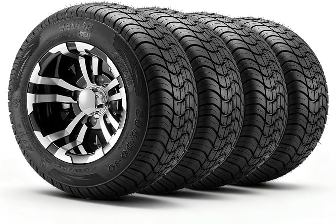 VEVOR Golf Cart Wheels, 10" 205/50-10 Black Aluminum Alloy Golf Cart Tires and Wheels Combo (Set of 4) Fit Club Car, EZGO, Yamaha, 4 Ply Rubber 4-Lug Lawn Mower Tires & Rims, 675 lbs Load, All-Terrain