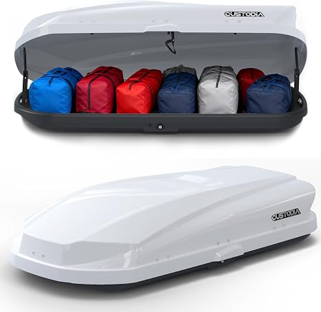 Hard Shell Roof Cargo Carrier White with Security Keys, Roof Box, Cargo Box, 63 (L) x 33 (W) x 14(H) Inches, 14 Cubic Feet (Tool-Free Install) Secure Your Travel with a Reliable Roof Box