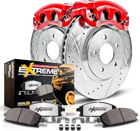 PowerStop Front Brake & Caliper Kit for Cadillac Escalade 2008-20 |Escalade ESV 2008-20 |Escalade EXT 2008-13 - Drilled & Slotted Disc Rotors + Z36 Brake Pads + Red-Powder Coated Calipers, KC2069-36