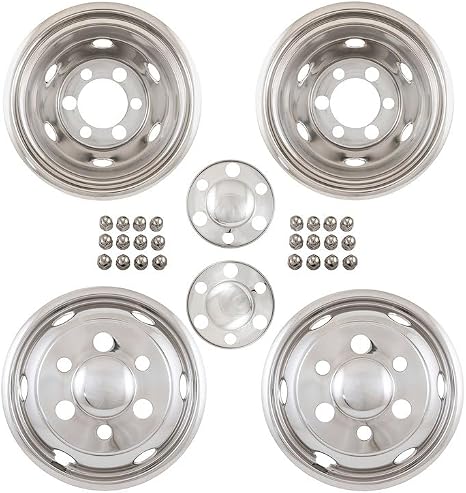 Coast To Coast Wheel Simulator Set of 4 Fits Isuzu NPR/NQR/FRR/FSR/NRR Models 1990-2025 Bolt-On for Dual Rear Wheels 9.5 Inch Polished 304 Stainless Steel 6 Lug/6 Hand Hole